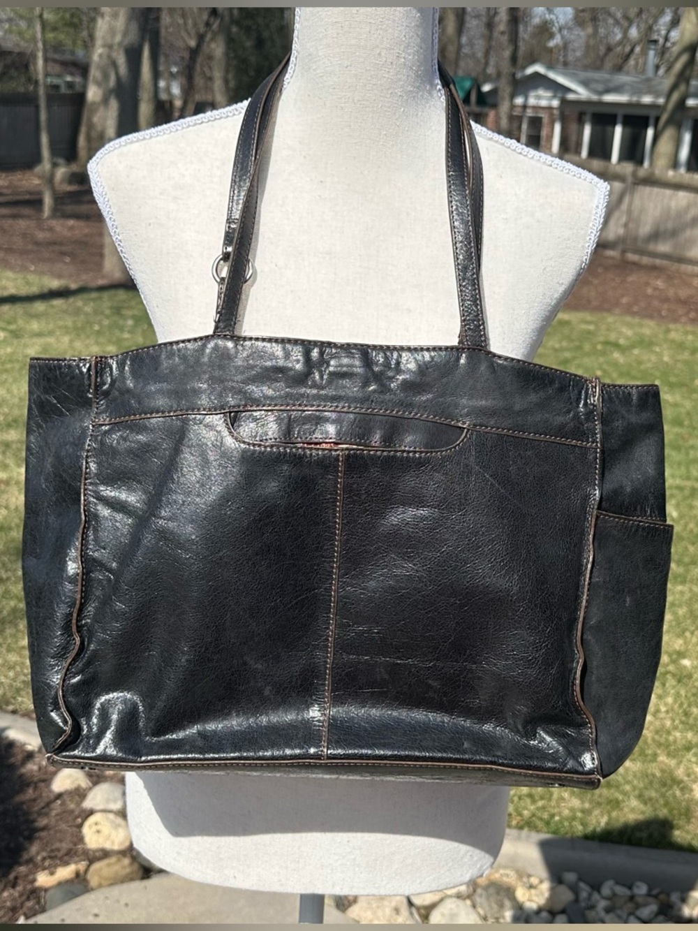 HOBO Black Leather Tote with Contrast Stitching
